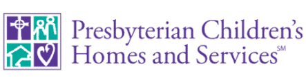 Logo of Presbyterian Children's Homes and Services with icons of a cross, person, house, and heart in purple and teal squares.
