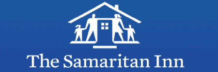 Logo of a house with four people figures. Text reads "The Samaritan Inn" on a blue background. No landmarks or historical buildings present.