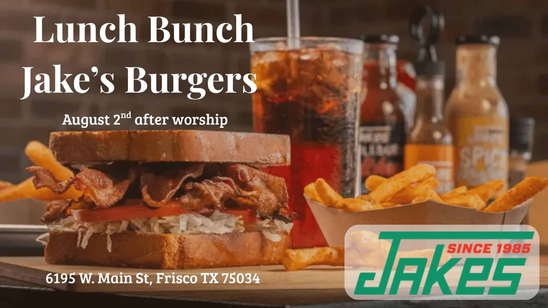 Lunch event at Faithbridge Presbyterian Church with burgers and drinks.